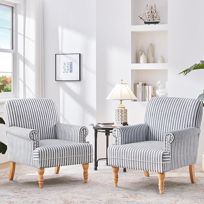 HUIMO Linen Fabric Accent Chairs Set of 2, Mid-Century Modern Armchair