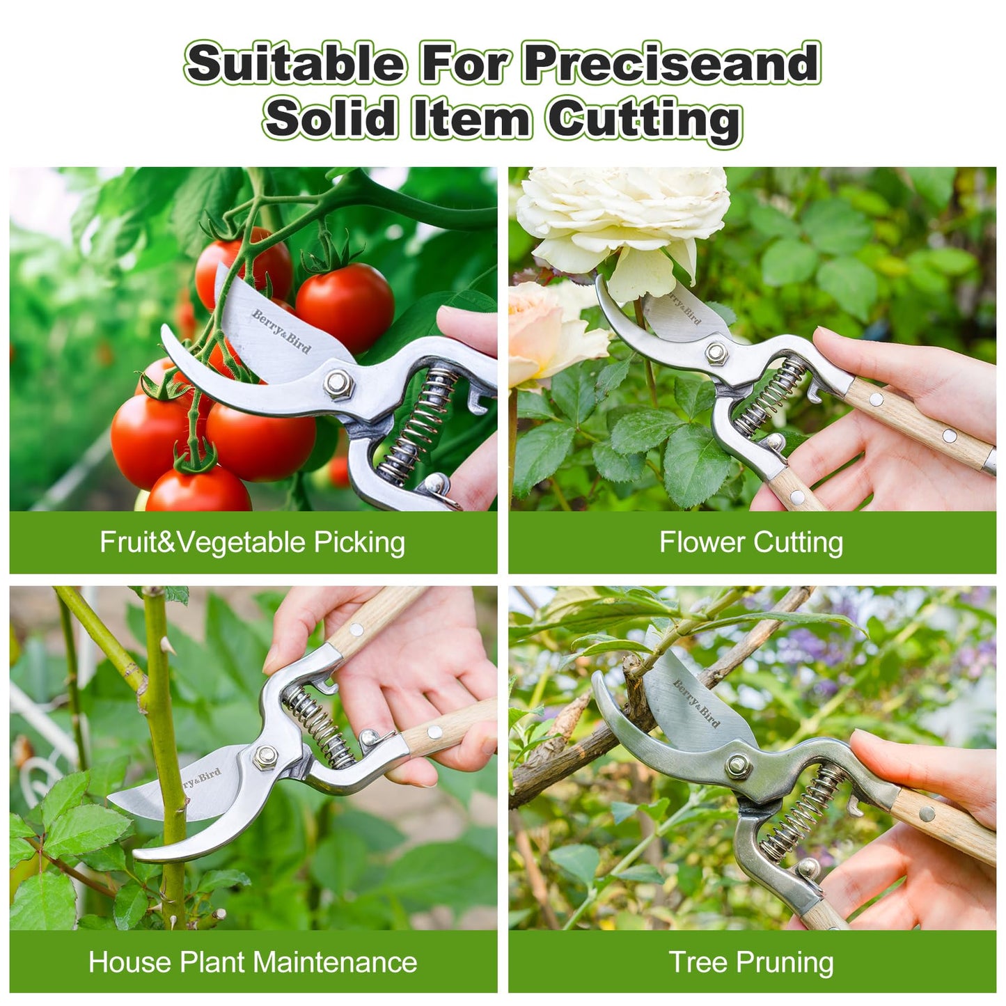 Berry&Bird 8'' Bypass Pruning Shears with Wooden Handle, Curved Blade Garden Hand Pruner, Stainless Steel Scissors Ultra Sharp Clippers for Gardening Trimming Cutting Bonsai Plant Flower & Picking