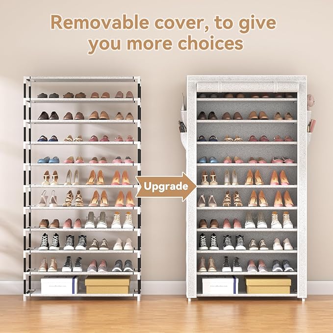 ROJASOP 10 Tier Shoe Rack with Covers Large Capacity Stackable Tall Shoe Shelf