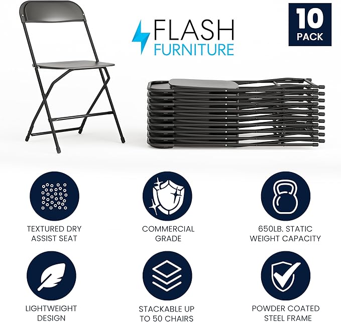 Flash Furniture Hercules Set of 10 Indoor/Outdoor Heavy-Duty Plastic Folding