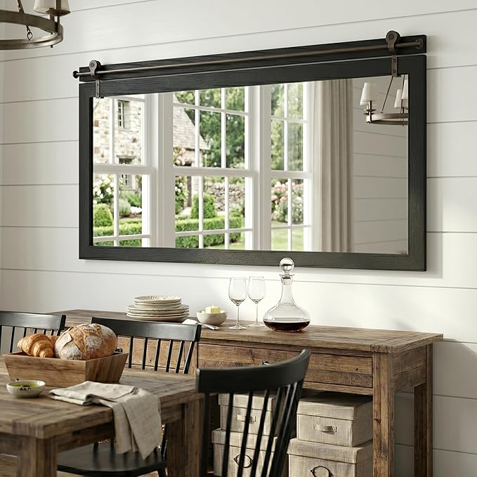 27"x49" Large Black Barn Door Mirror, Solid Wood Framed Accent Wall Mirror