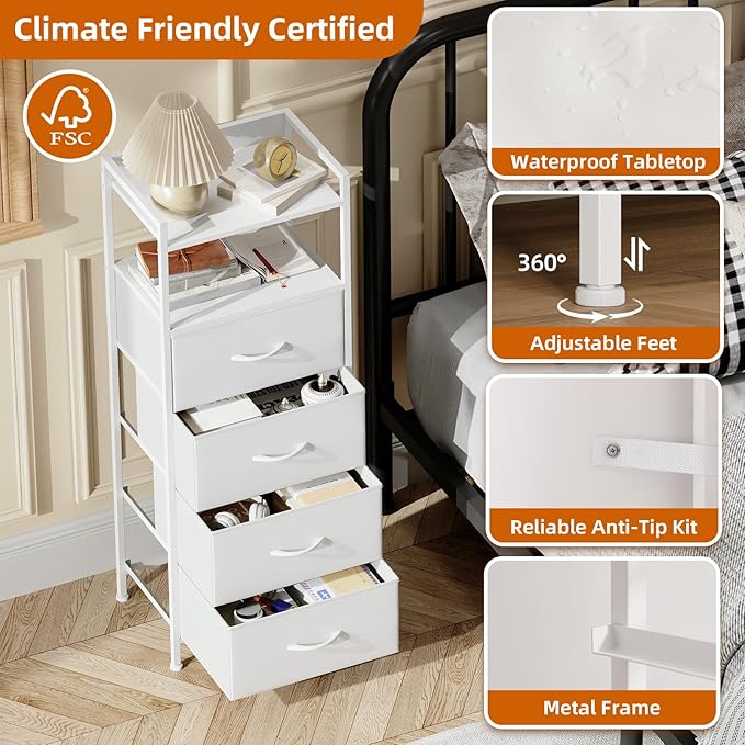 Somdot White Nightstand with 4 Drawers, Vertical Storage Tower Fabric Dresser