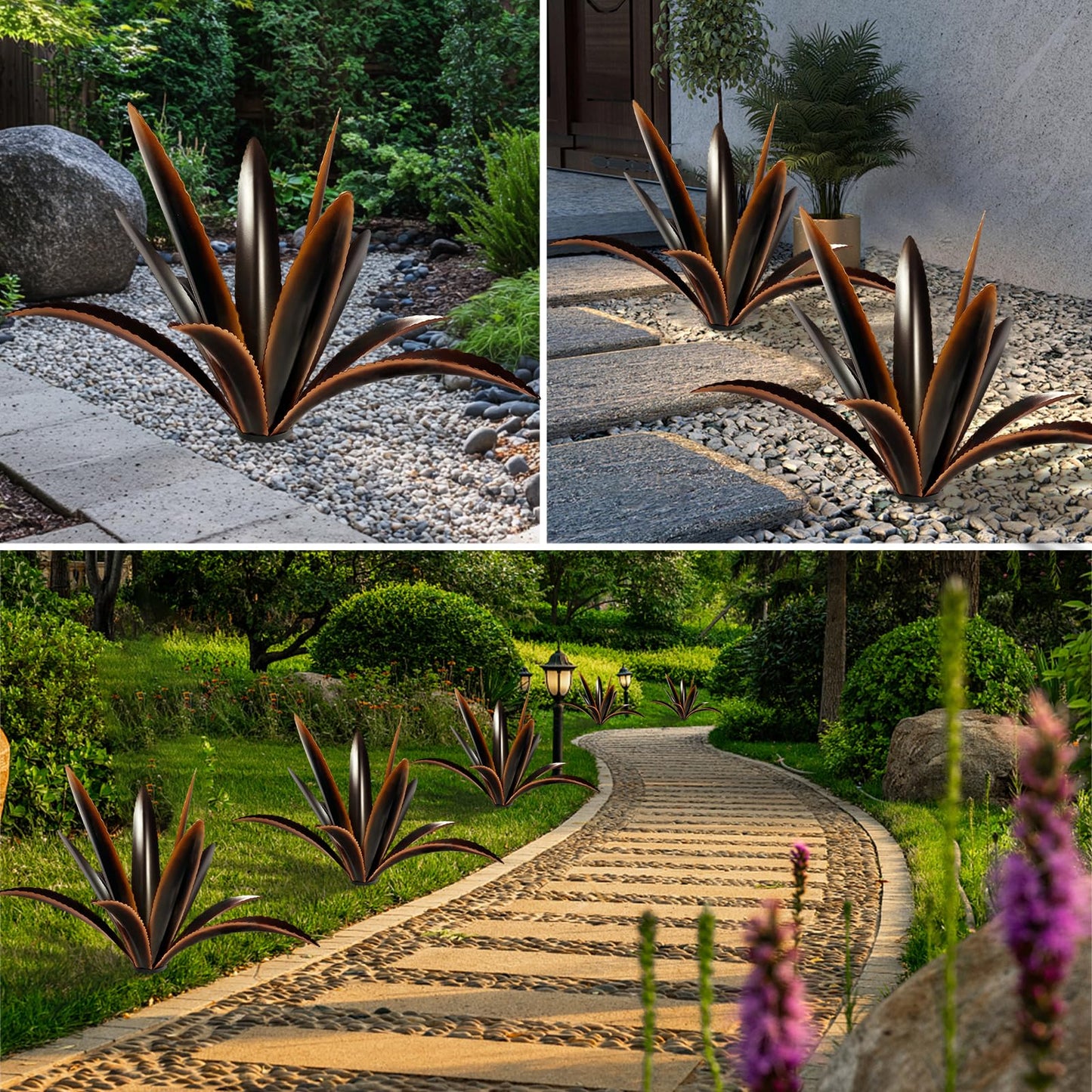 TOMBABY Enlarge Thickened Wind Resistant Metal Agave Garden Art Country Garden Sculpture Statue Outdoor Decoration Agave Metal Plant Courtyard Lawn Ornament Gift (1, 12 Leaves Black)