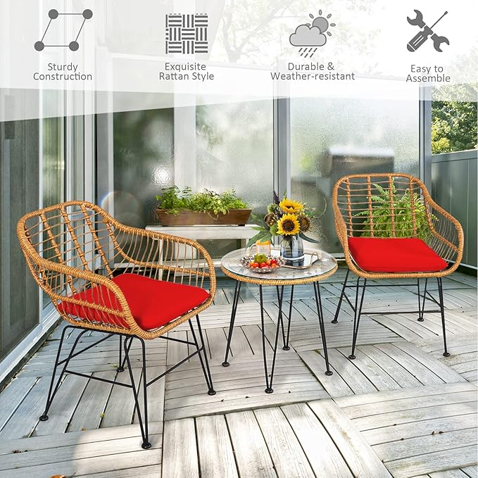 Tangkula 3 Pieces Patio Bistro Set, Rattan Conversation Set