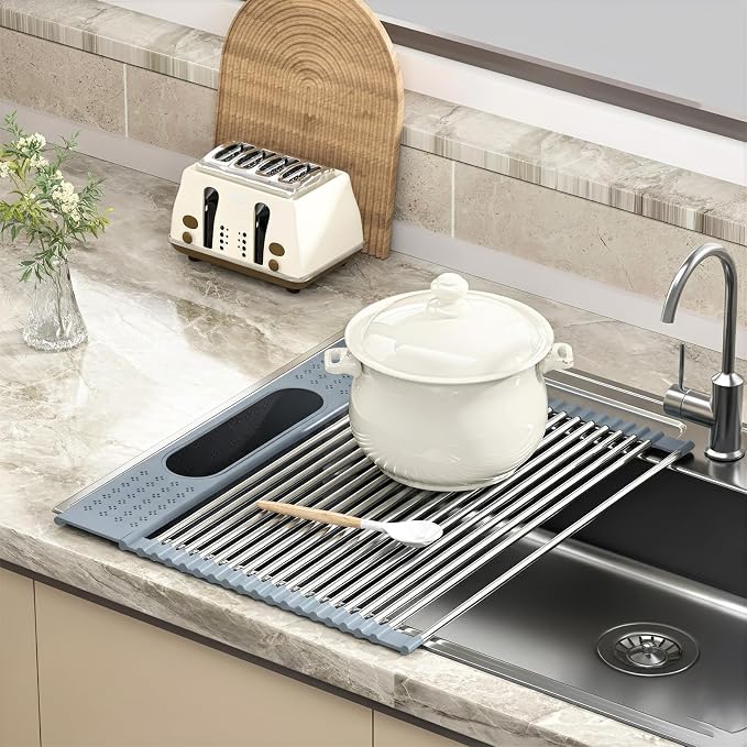 Roll Up Dish Drying Rack Over Sink, 17.5" x 15.2" Foldable SUS304 Stainless Steel Kitchen Dish Drainer, Heat-Resistant Multipurpose Rolling Sink Rack Organizer,Grey