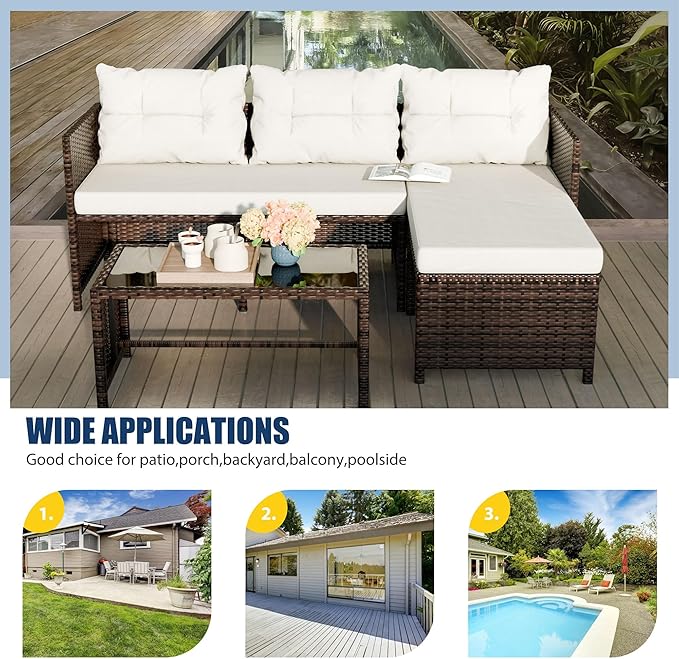 Vongrasig 3 Piece Patio Furniture Sets, All-Weather PE Wicker Outdoor Sofa