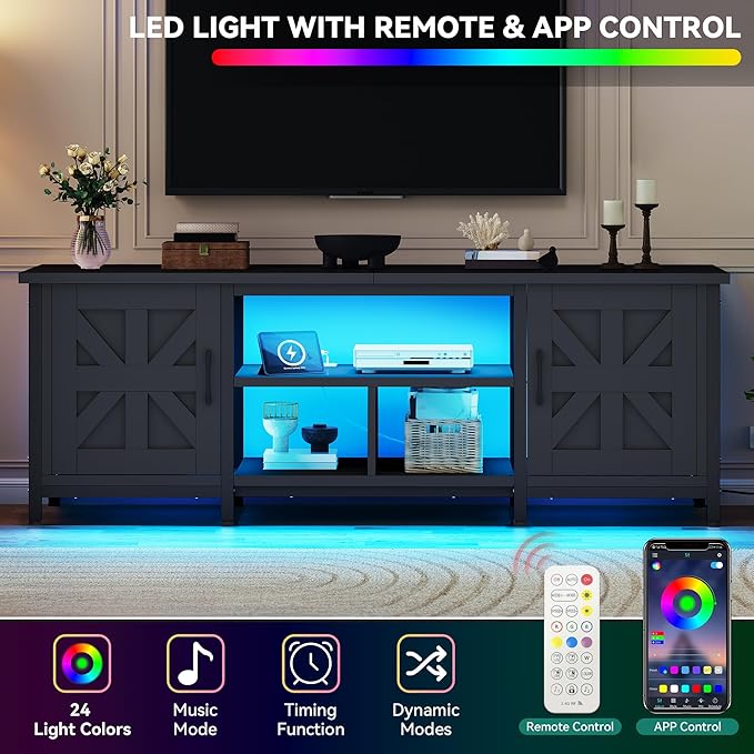 YITAHOME TV Stand with LED Lights & Charging Station, Farmhouse Entertainment
