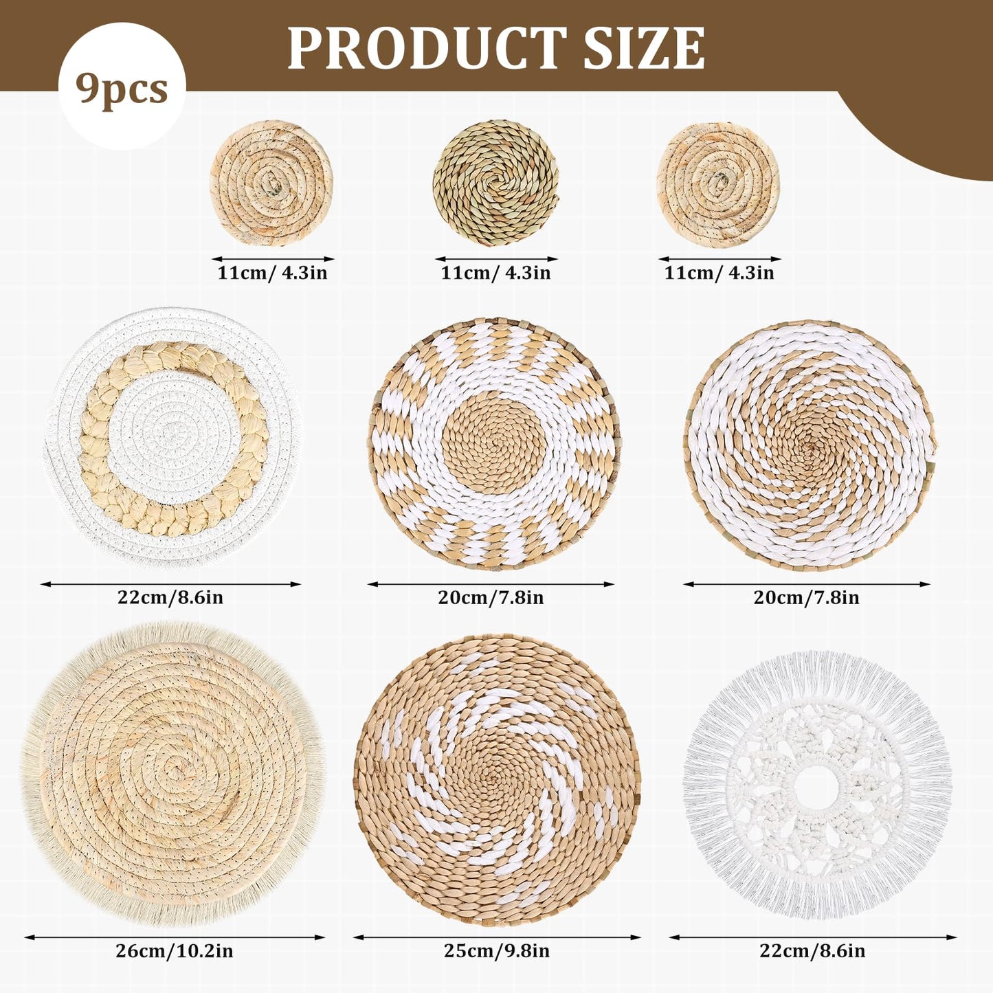 MJOGGOTT 9 Pcs Boho Wall Basket Decor Hanging Woven Wall Basket Art Decor Rattan Wicker Seagrass Home Round Tassels White Macrame Tapestry Baskets Decoration for Kitchen Home Farmhouse Decoration