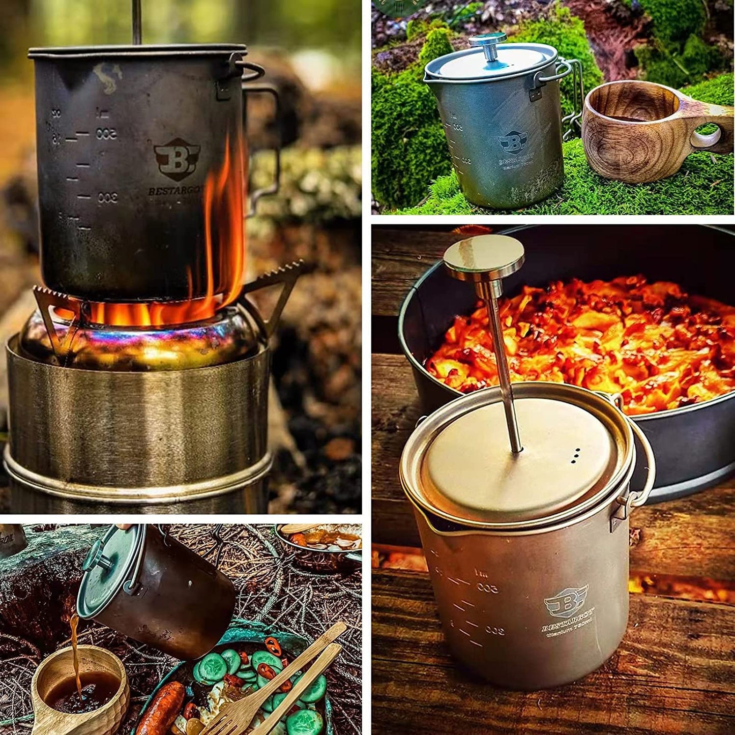 Bestargot Titanium Pot 750ml, Portable French Press | Ultralight Camping Pot for Coffee, Cooking & Survival | Compatible with Camp Stoves
