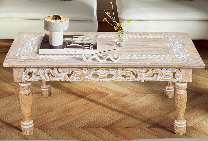 Rectangular Wooden Coffee Table 36x24x18 Inch – Beige Finish