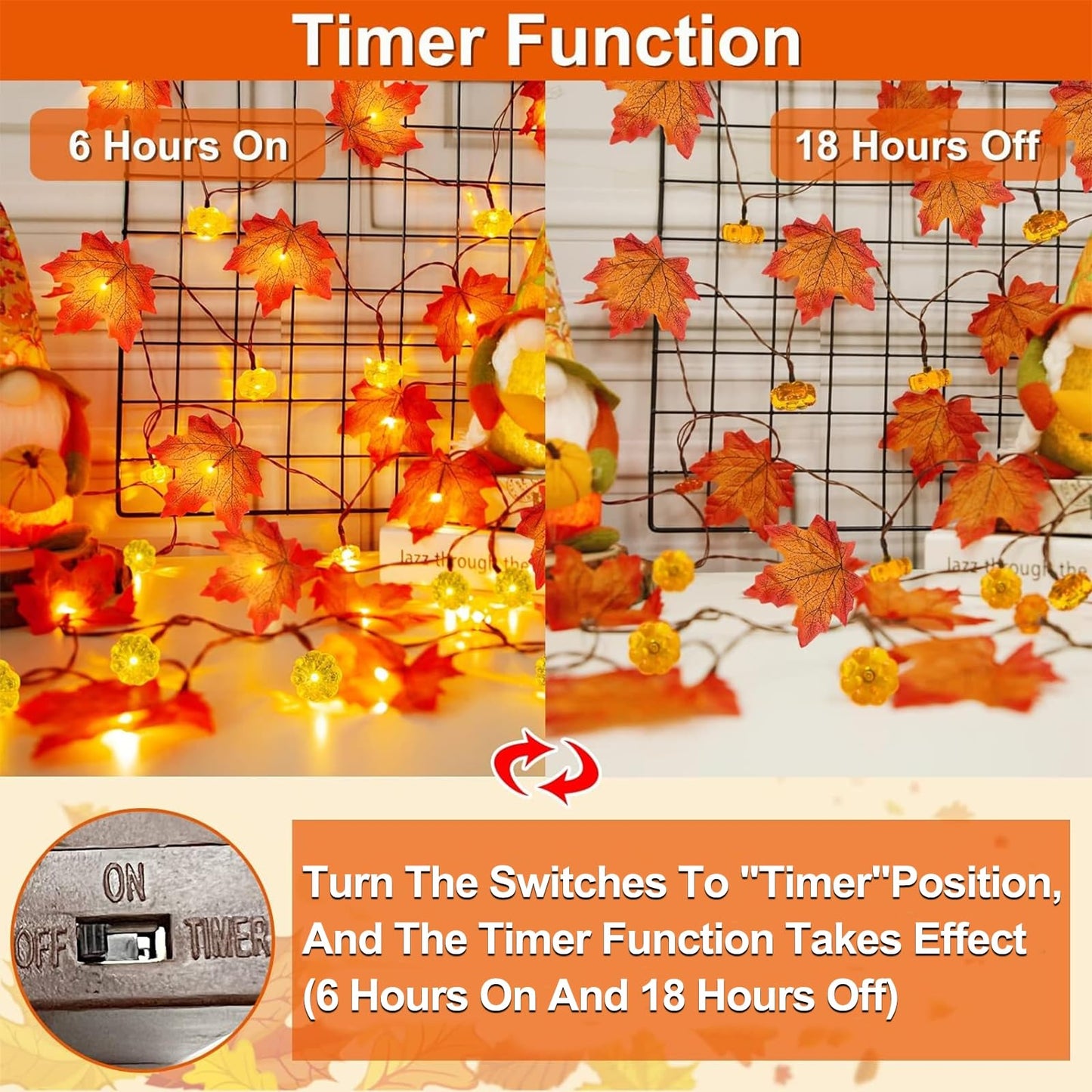 3 Pack & Timer Fall Decor Fall Garland with Pumpkin Lights Fall Decorations for Home, 30Ft 60LED Patented Enlarged Maples Leaves Battery Operated Pumpkin Garland Indoor Outdoor Halloween Decorations