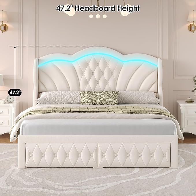 Keyluv Queen Bed Frame with LED Lights and 2 Storage Drawers, Velvet