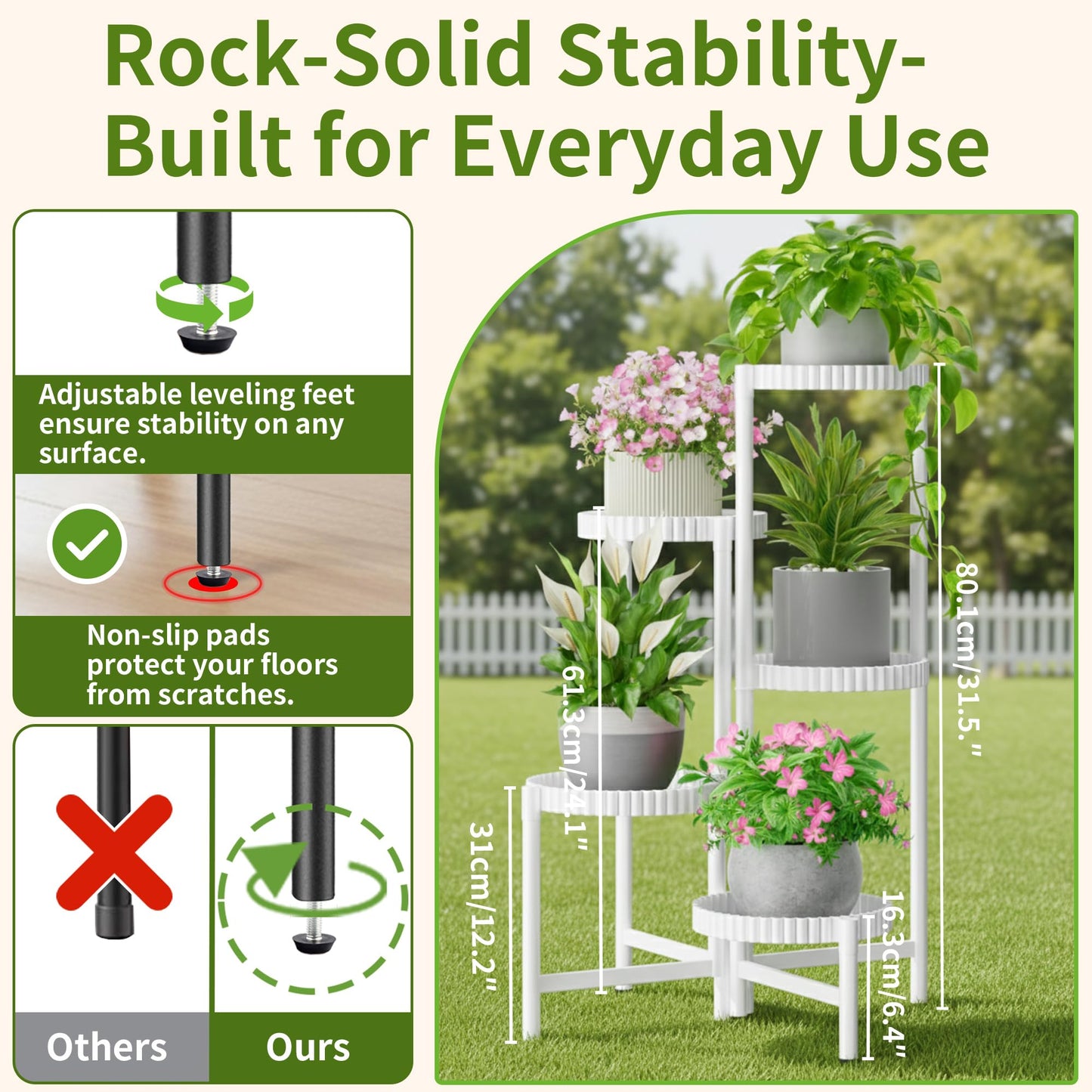 NQW 5 Tier Large Plant Stand Indoor with 7.9 Inch Wide Tray, Tiered Corner Metal Outdoor Flower Display Holder Shelf, Folding Tall Rack for Patio Porch Living Room Balcony - WhiteFloroma