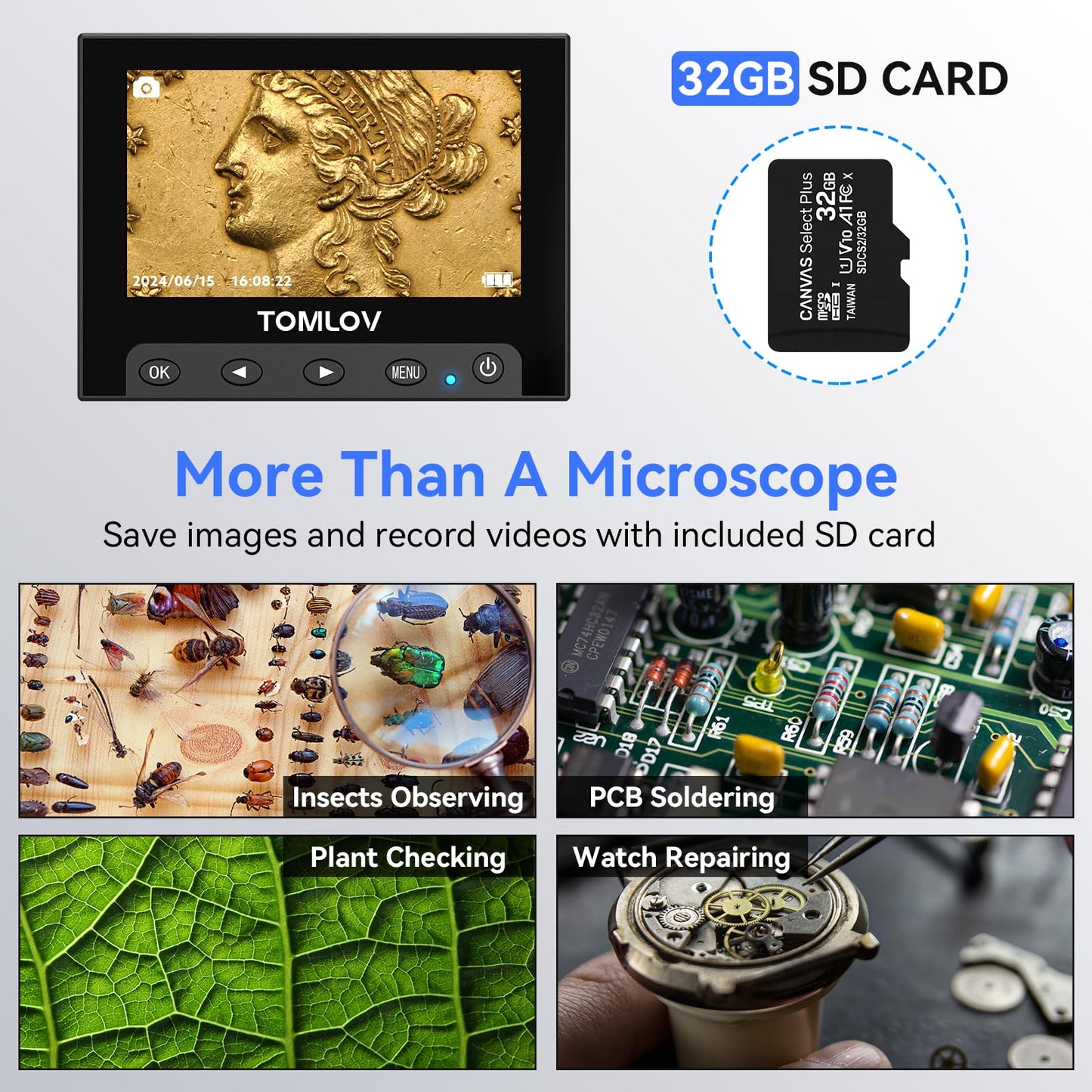 TOMLOV 1000X Coin Microscope with 4.3" Screen, Digital Microscope Magnifier with LED Lights, Metal Stand, PC View, Photo/Video, 32GB SD Card, Windows, macOS Compatible, DM4S