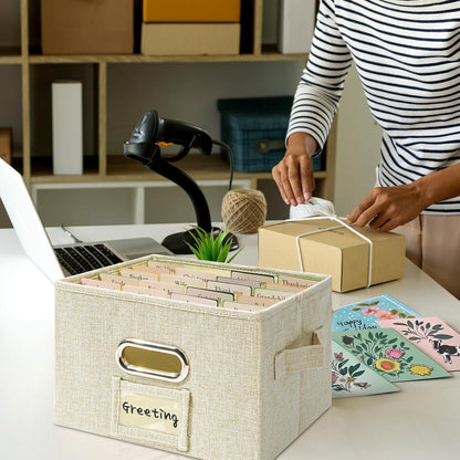Vienrose Greeting Card Organizer 1 Pack, Storage Box with 20 Adjustable Dividers, Foldable Organizer Box Holds over 150 Cards, Storage Stickers Recipes Photos Envelopes Bills Vinyl Records, Beige