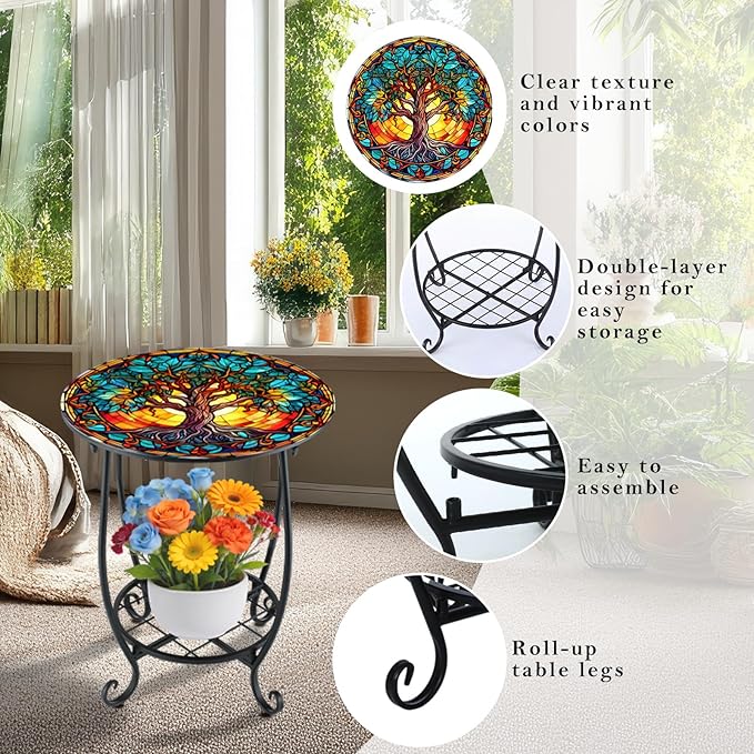 Cinnvoice Outdoor Side Table Round Small Mosaic Patio Accent Indoor End Plant