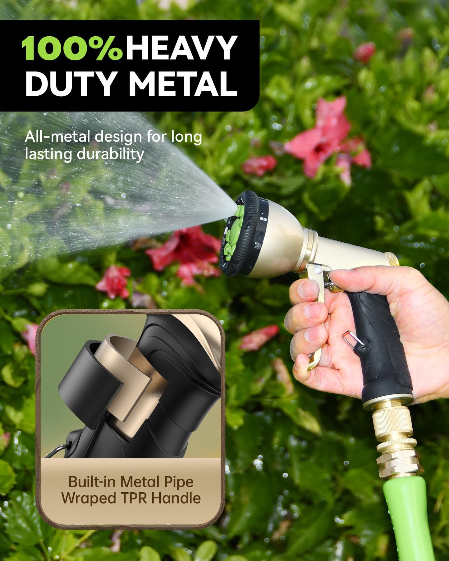 RAINPOINT Garden Hose Nozzle, 9 Spray Patterns Hose Sprayer Nozzle, Heavy Duty Metal Water Hose Nozzle, Adjustable Hand Sprayer, Watering Plants and Lawn, Pet Showering (Nozzle, Green)