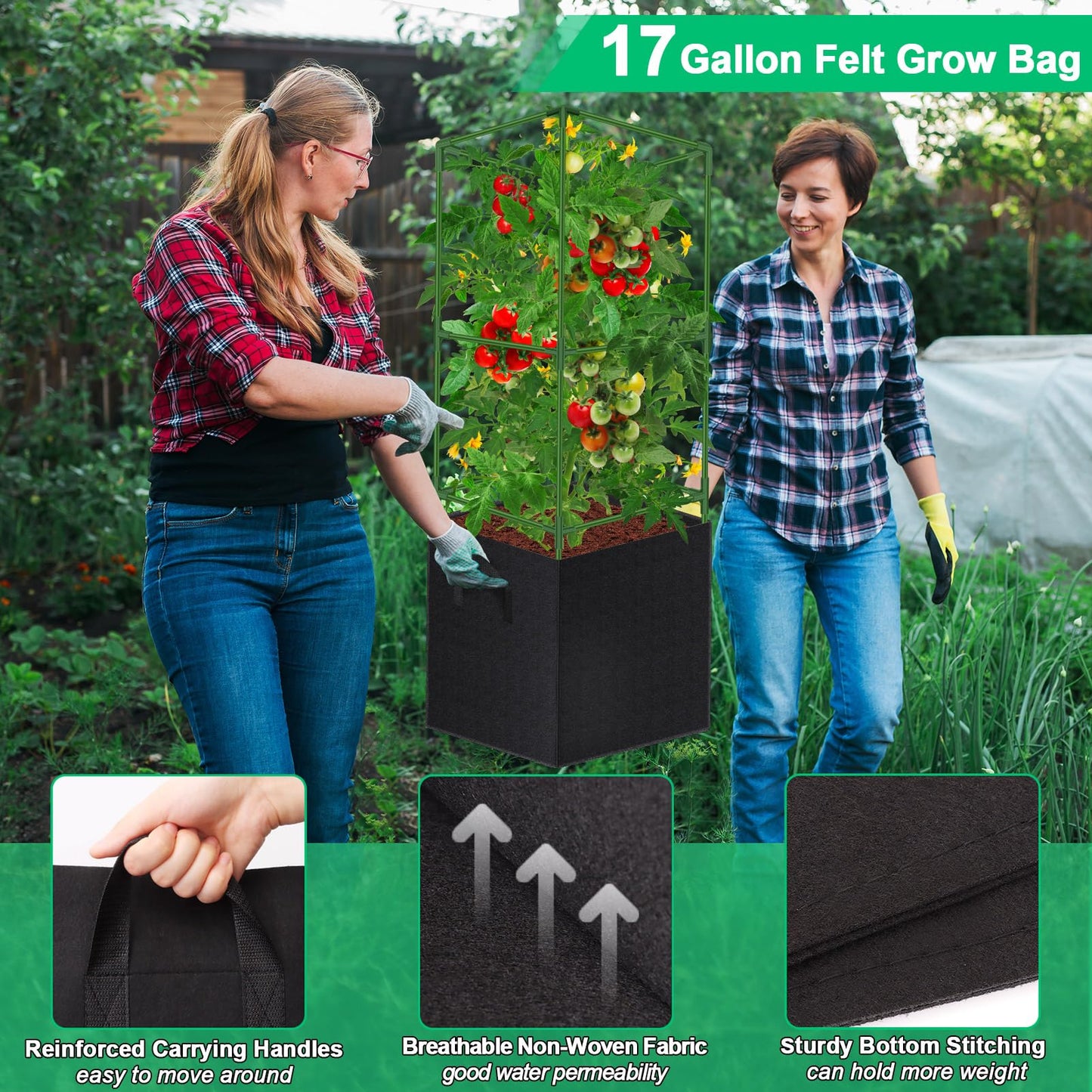 WLLEYAY 3 Pack Square Tomato Cages with 17 Gallon Grow Bags, 46'' Upgraded Heavy Duty Steel Garden Plant Support Stakes Kit, Flowers Vegetable Trellis for Vertical Climbing Plants Vines