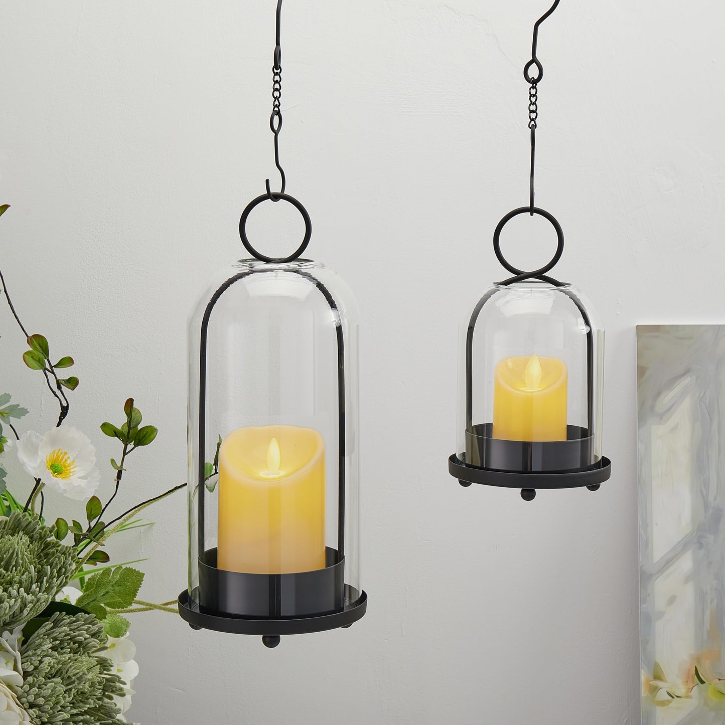 ECLSDL Hurricane Glass Candle Holders for Pillar Candles Set of 2 (5" & 4" Wide), Black Metal Candlestick Holders, Modern Decorative Centerpiece Lanterns for Table Mantel Wedding Housewarming Gift