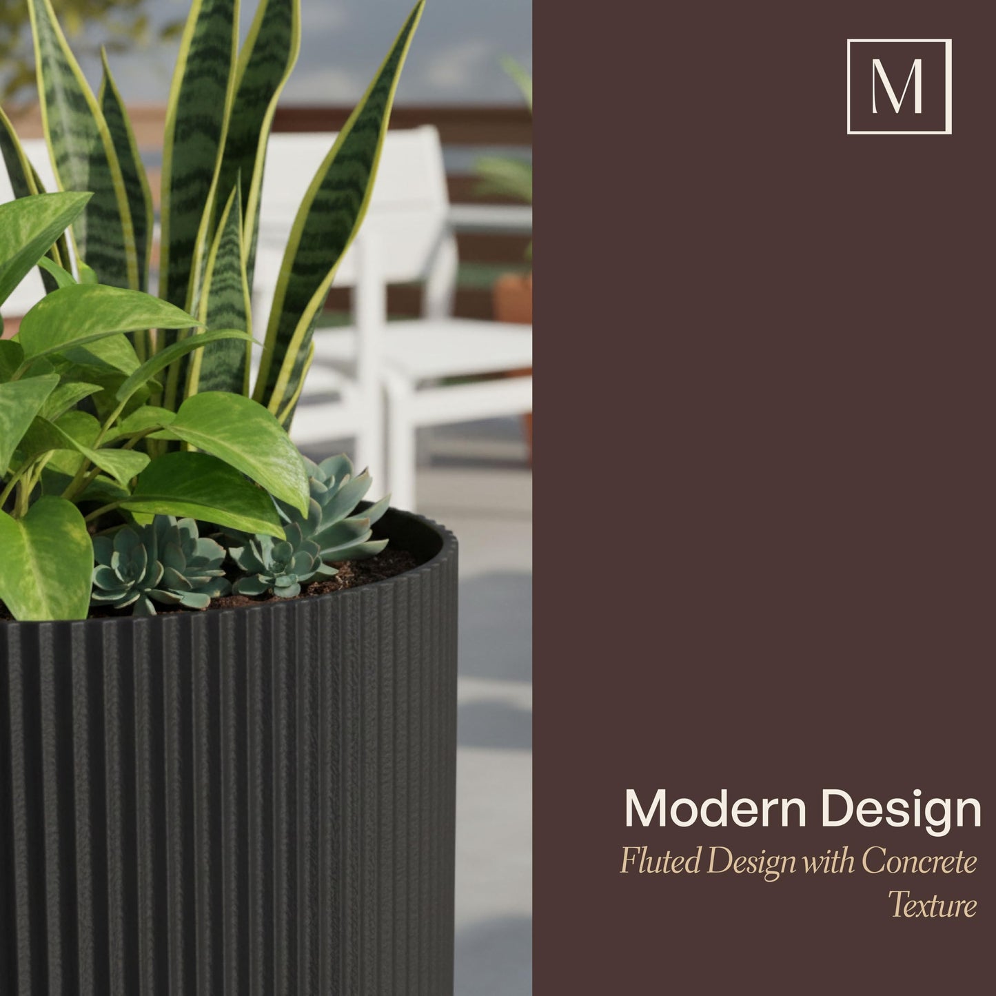 Mayne Haven 14-Inch Fluted Planter, Round Planters for Outdoor Plants, Lightweight Concrete Look Plant Pots for Porch, Patio, Garden and Entryway Décor, Black