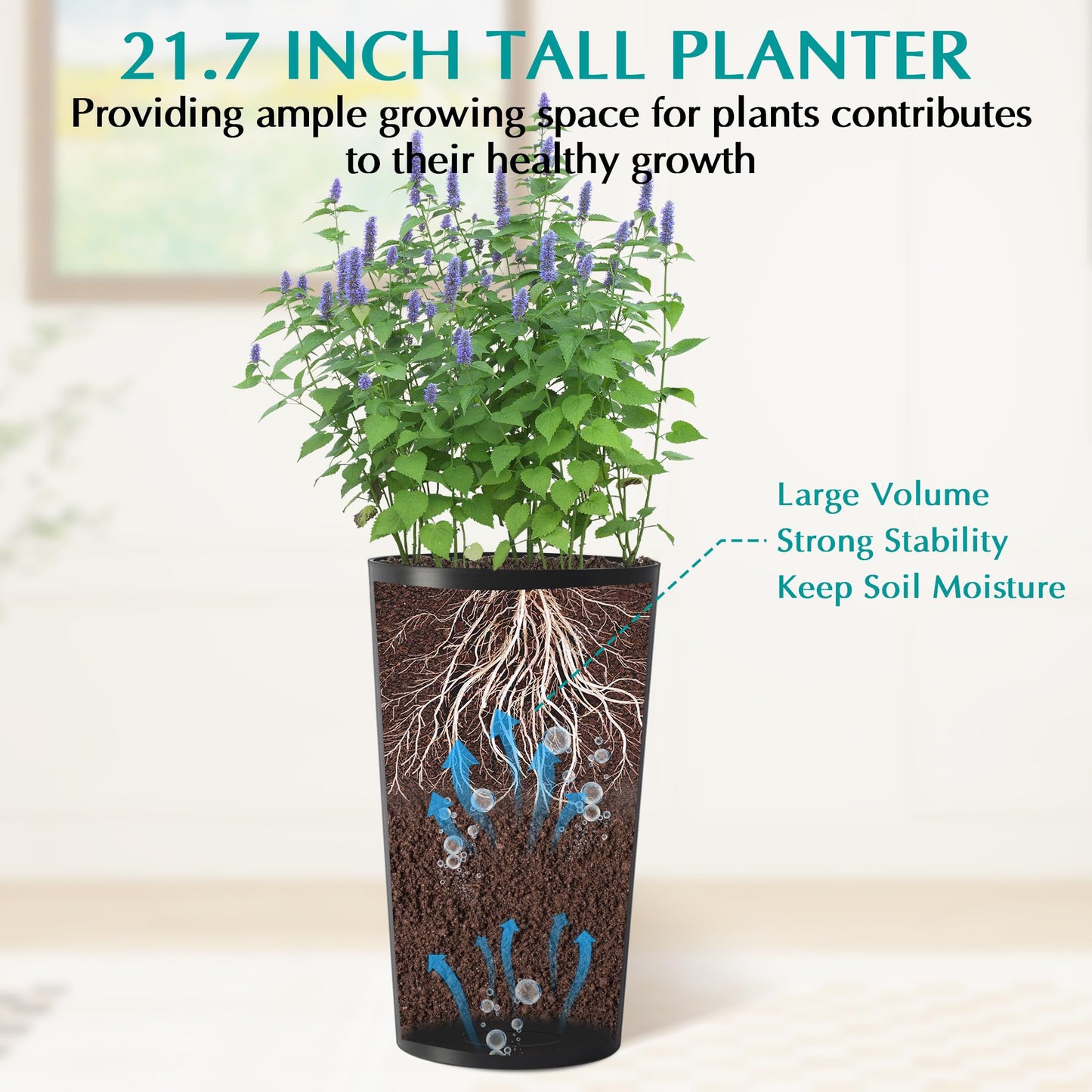 JLXMROSE 2 Pack Tall 21.7 in Planters for Outdoor Plants, Modern Tall Square Planter Box, Indoor/Outdoor Porch Patio Flower Pot, Modern Big Tapered Matte Tree Flower Pot for Garden (Black)