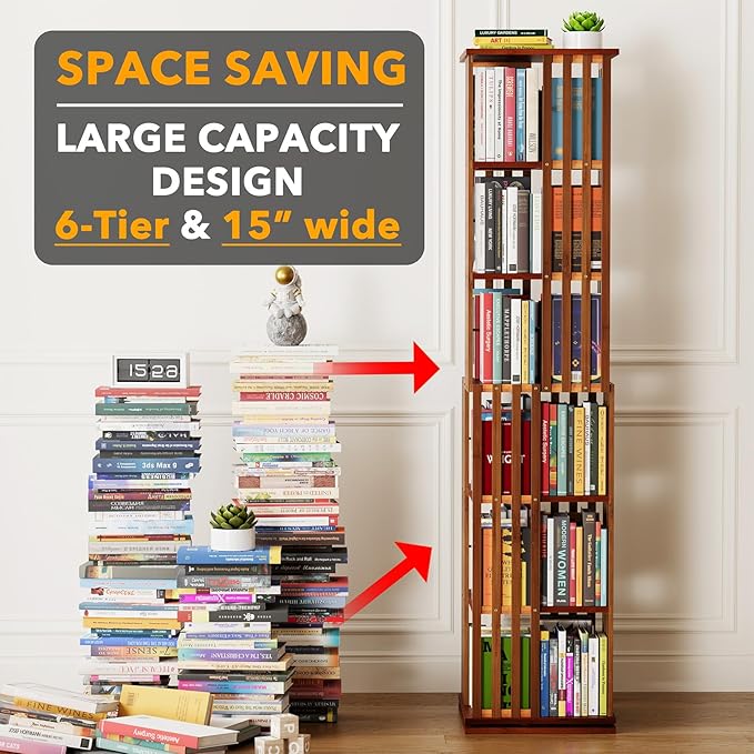 SpaceAid 6 Tier Rotating Bookshelf Tower, Bamboo Spinning Book Shelf, Revolving