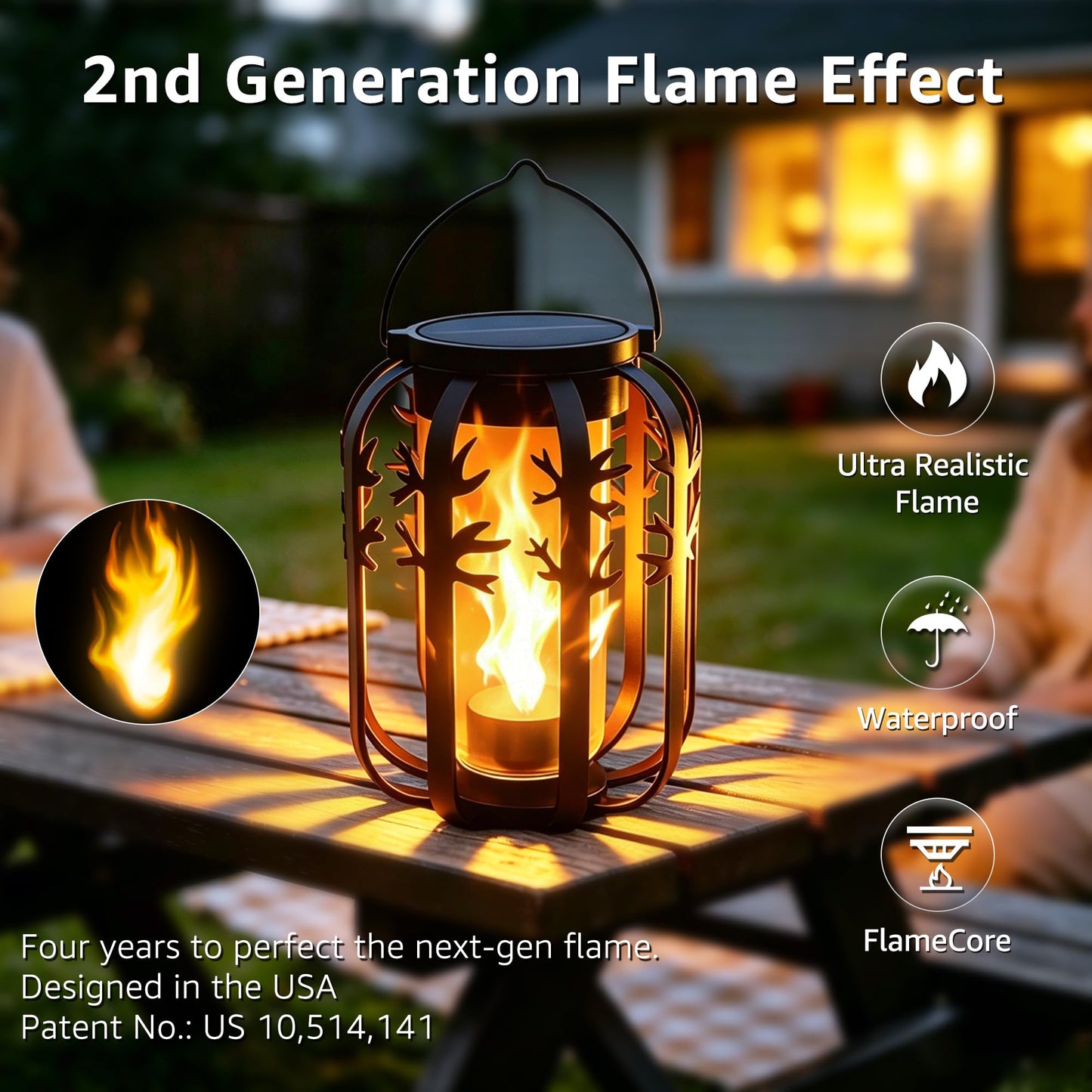 Ollny 2 Pack Solar Lanterns Outdoor Waterproof, Upgraded Flickering Flame Solar Lights Outdoor, Dual Charging (USB/Solar), 4 Modes Hanging Solar Lantern for Yard Patio Path Tree Garden Decor