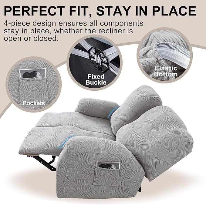Recliner Loveseat Covers, 4-Piece Stretch Geometric Strokes Jacquard Reclining