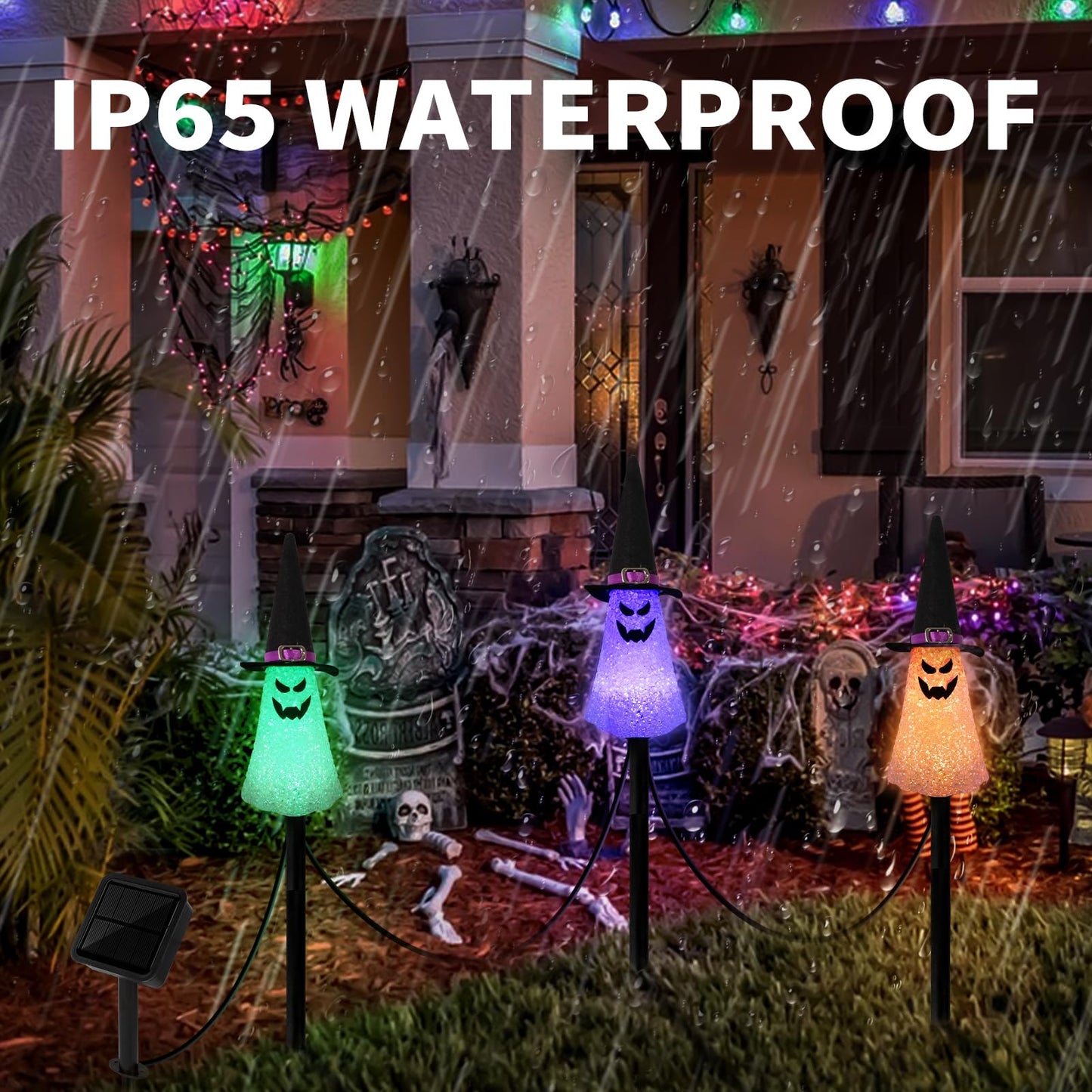 LIGHTSHINE 3PCS Ghost Solar Halloween Decorations, Solar Landscape Pathway Lights, Garden Stakes Light, Outdoor Halloween Lights Decor for Yard, Patio, Porch (Orange+Purple+Green)