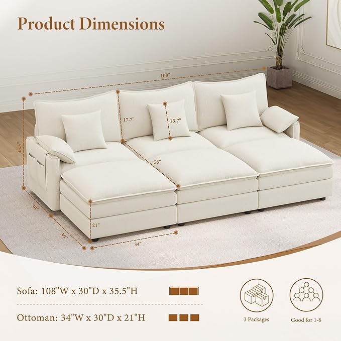 Vesgantti 108" Sectional Sleeper Sofa, 6-Seater Oversized Modular Cloud Couch