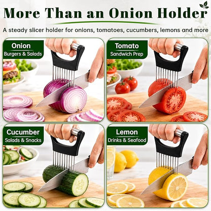 Onion Slicer, Stainless Steel Onion Holder for Slicing with Protective Cover, Onion Cutter Tool, Food Slicing Guide for Kitchen, Tomato, Potato, Lemon, Meat, Avocado, Egg, Fruit