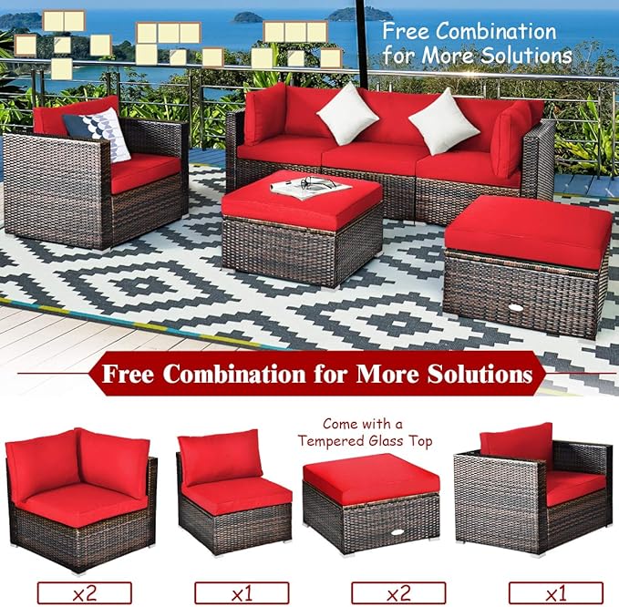 Tangkula 6 Pieces Wicker Patio Furniture Set, PE Rattan Outdoor Sectional