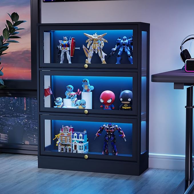Display Cabinet with Acrylic Glass Doors, 3-Tiers Curio Cabinet with LED