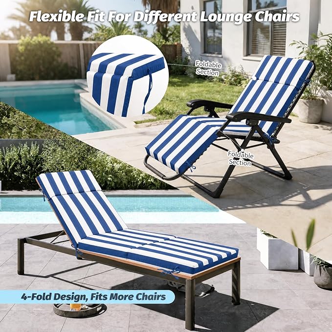 2 Pcs Outdoor Chaise Lounge Cushion 72" x 21" x 3", Folding Patio Lounge Chair
