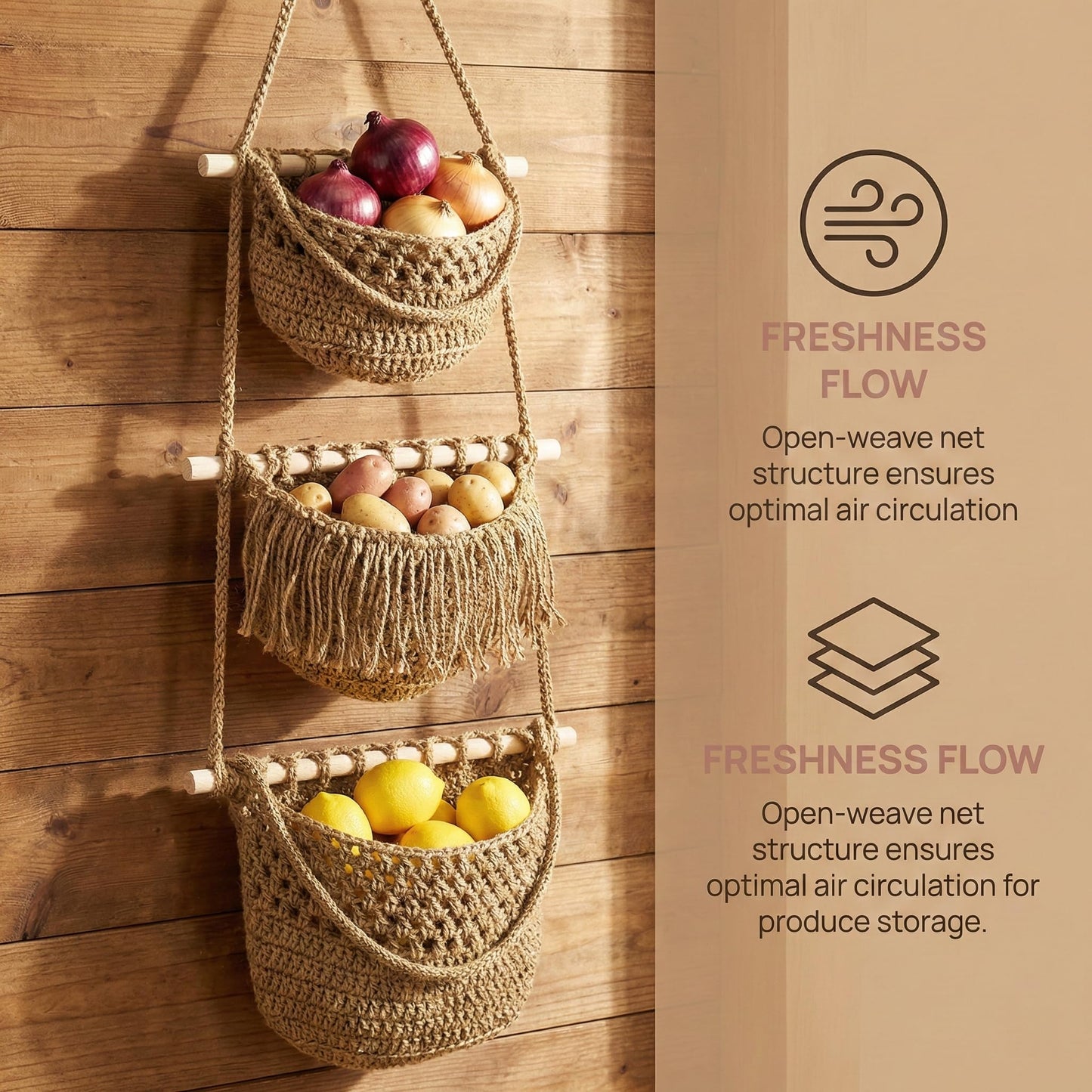 Cabilock 3 Tier Hanging Fruit Basket for Kitchen - Boho Macrame Woven Wall Storage for Onion and Potato, Space-Saving Cotton Rope Produce Organizer for Pantry & Bathroom