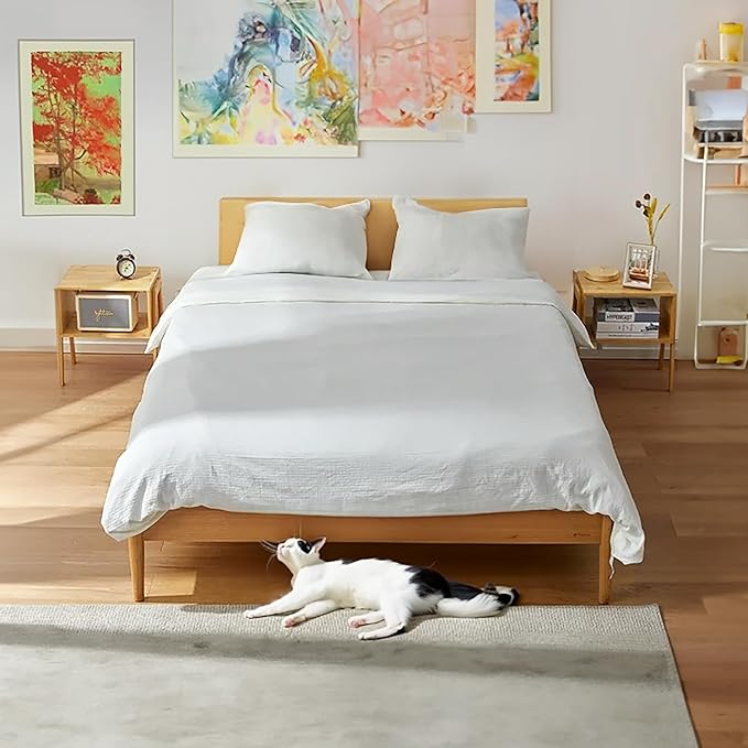Vdomus Bamboo Stackable Nightstand Set of 2- Natural Wood Matching Side Table