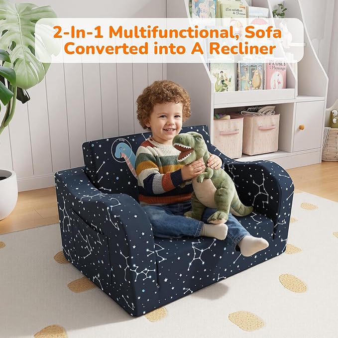 MeMoreCool Toddler Couch, 2-in-1 Kids Couch Fold Out to Lounger, Comfy Toddler