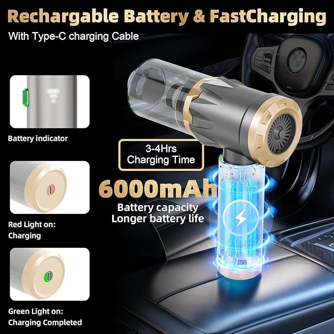 Car Vacuum Portable Cordless, 20000PA High power Vacuum Cleaner , Brushless Motor, 3-Speed Modes, 4 in 1 Compressed Air Duster, Air Blower, Pump HandHeld Vacuum for Car, Home, Office, Camping - Grey
