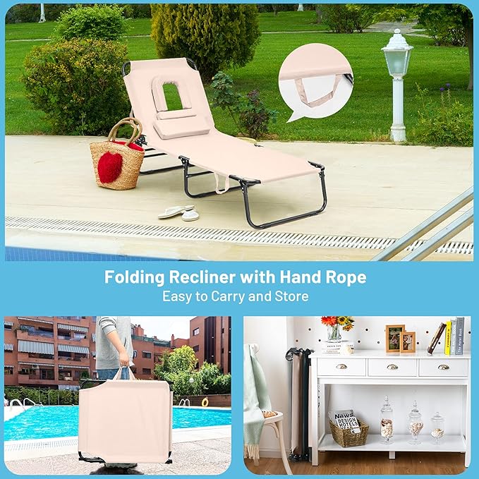 Folding Beach Lounge Chair w/ 5 Adjutable Backrest & Padded Pillow, Sunbathing