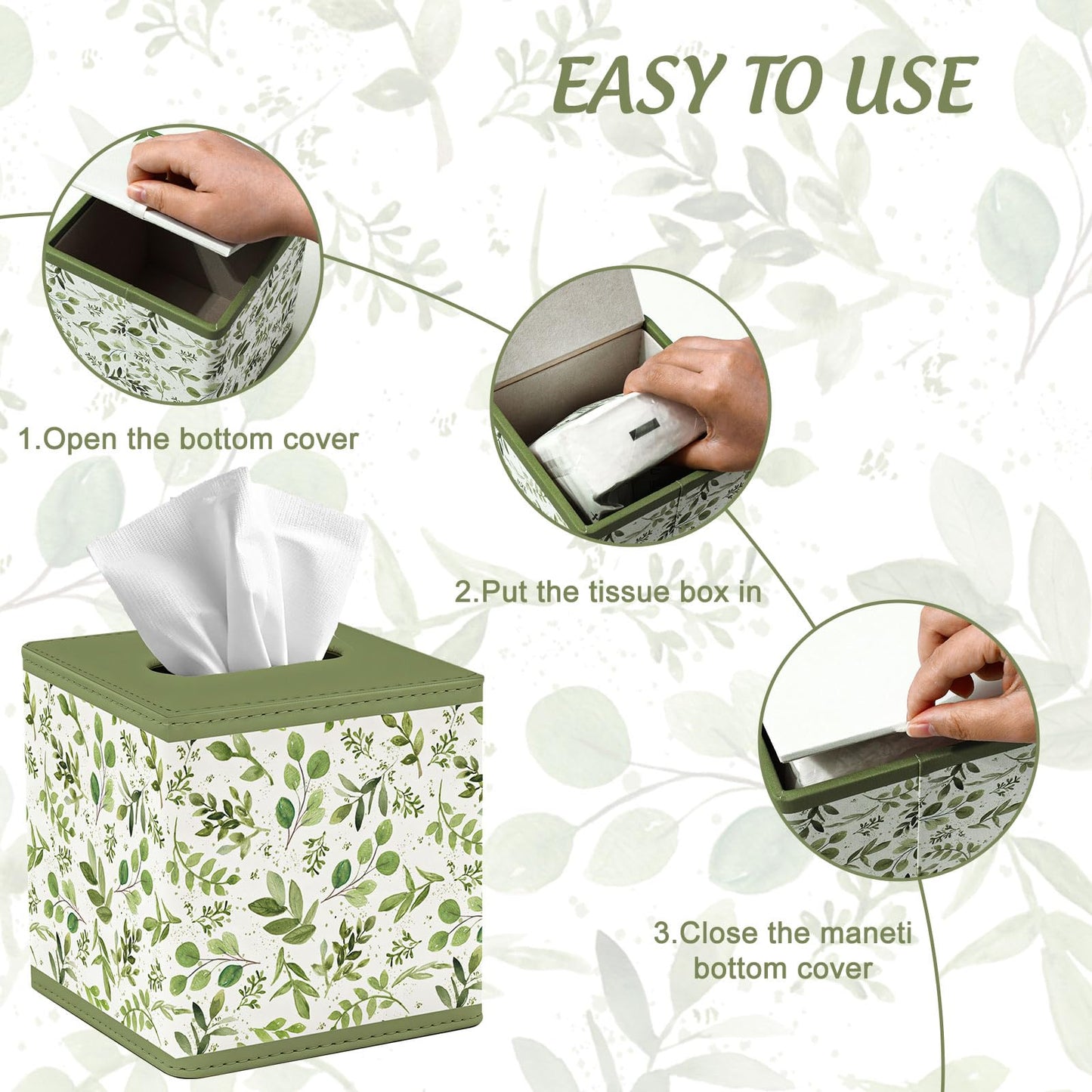 JarThenaAMCS Spring Greenery Tissue Box Cover with Magnetic Closure PU Leather Tissue Holder Green Leaves Square Napkin Box for Home Office Bedroom Countertop Decor