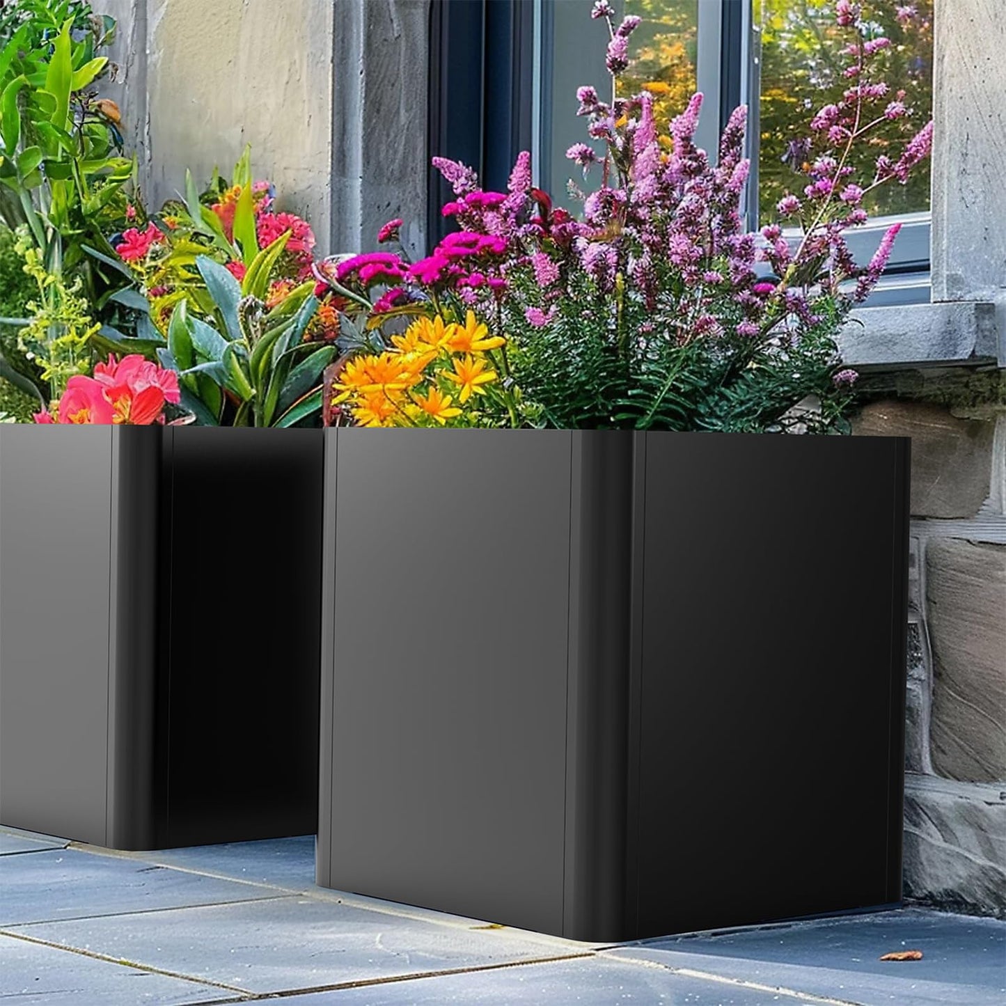 Gardenaire Metal Square Planter Box, Galvanized Steel Planters for Outdoor Plants, 24"x 24"x 25" Black Large Outdoor Planters with Drainage Hole for Porch/Patio/Garden