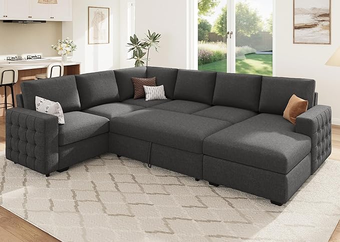 HONBAY Sectional Couch with Pull Out Bed, U-Shaped Sectional Sleeper Sofa with