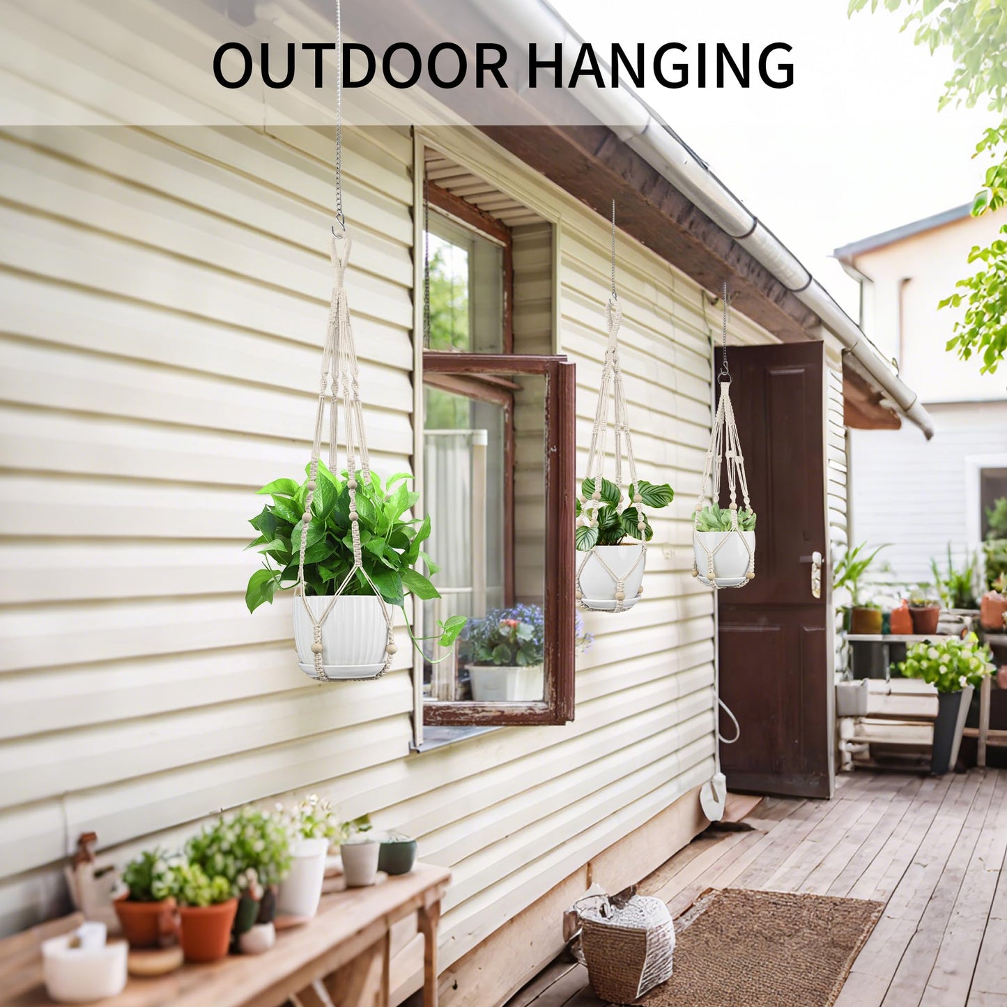 IDEEEPAN Macrame Plant Hanger - Fits 4 to 13 inches Pots for Indoor Outdoor, 35"/29"/23" Different Sizes Set, Ivory (POTS NOT Included)