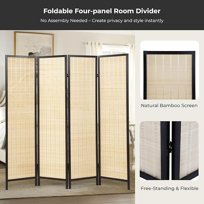 Roundhill Furniture Inkwell 4-Panel Bamboo Room Divider, Folding Portable