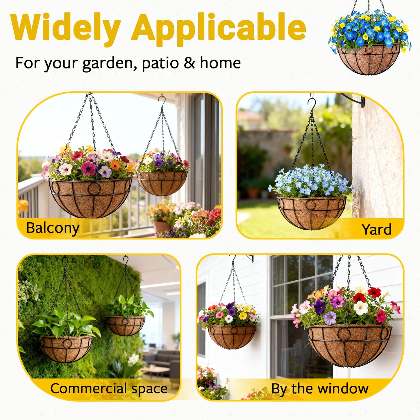 ZeeDix 2 Pack 14 Inch Metal Outdoor Plant Hanging Baskets, Round Wire Planter Basket with Coco Coir Liner, Large Hanging Flower Pots for Outdoor Garden Yard Patio Porch Balcony Decor