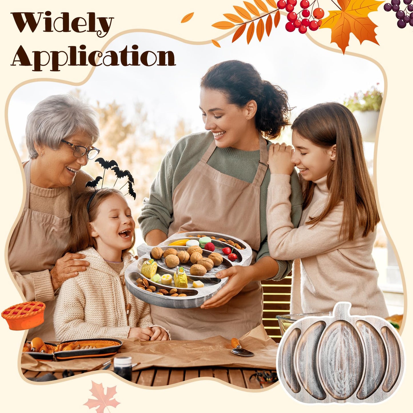 Sliner Fall Pumpkin Wooden Serving Dish Platter Thanksgiving 15" L x 12" W Pumpkin Shaped Charcuterie Board Snack Wood Cutting Board Sectional Dish Plate for Home Gifts(Grey White)