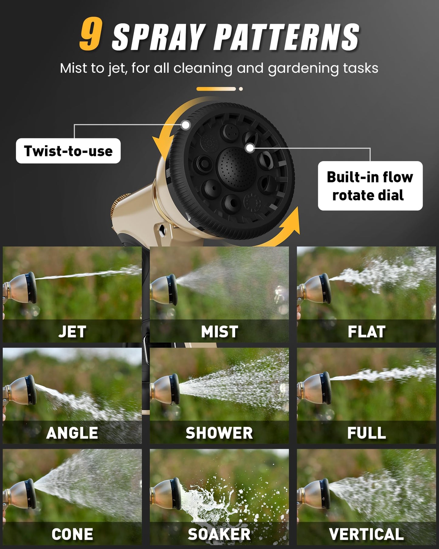 RAINPOINT Garden Hose Nozzle, Metal Hose Sprayer Nozzle With 9 Adjustable Spray Patterns, Heavy Duty Hose Sprayer for Watering Plants, Lawns, Car Wash, Pet Washing(Black)