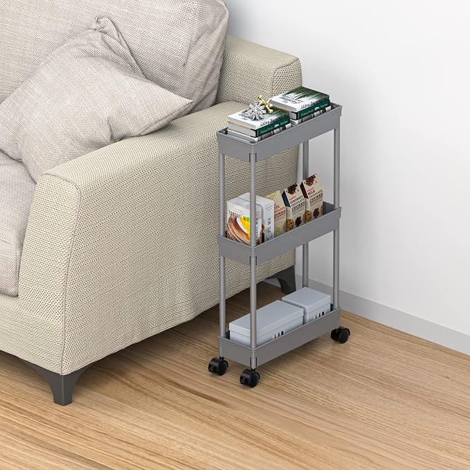 Sooyee Slim Storage Cart,3 Tier Bathroom Rolling Utility Cart Storage Organizer Slide Out Cart, Mobile Shelving Unit Organizer Trolley for Office Bathroom Kitchen Laundry Room Narrow Places, Grey