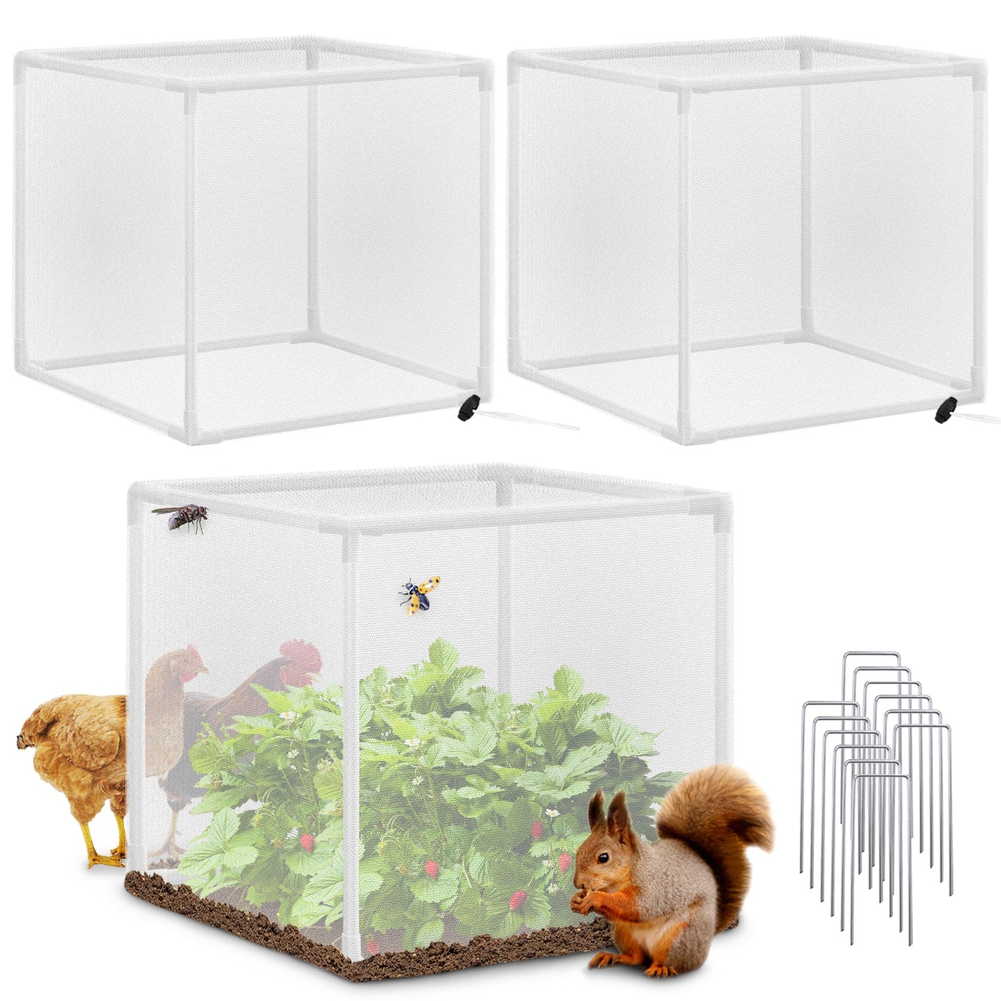 Verdanzia 3 Pack Plant Protectors from Animals, 13.8" X 13.8" Detachable Plant Cages for Outdoor Plants with Netting, Square Plant Cages to Keep Animals Out with Ground Stakes (White)