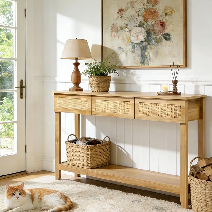 Karl home Console Table, Rattan Entryway Table